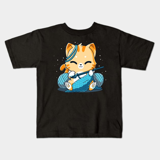 Cute Funny Cat Knitting - Animal Lover Kids T-Shirt by LazyMice